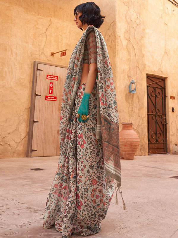 Grey Printed Zari Tissue Saree With Blouse Piece