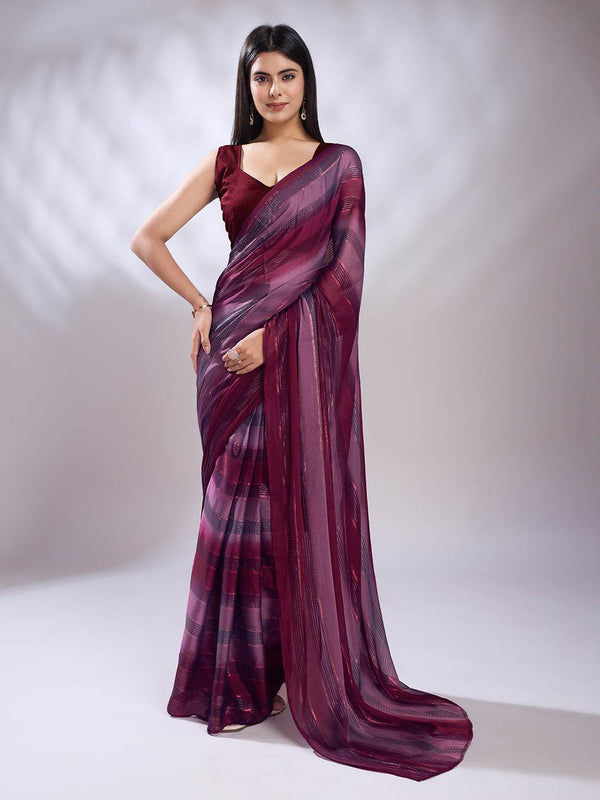 Purple Silk Blend Ready To Wear Saree With Blouse Piece