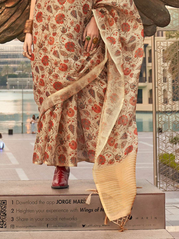 Tan Printed Zari Tissue Saree With Blouse Piece