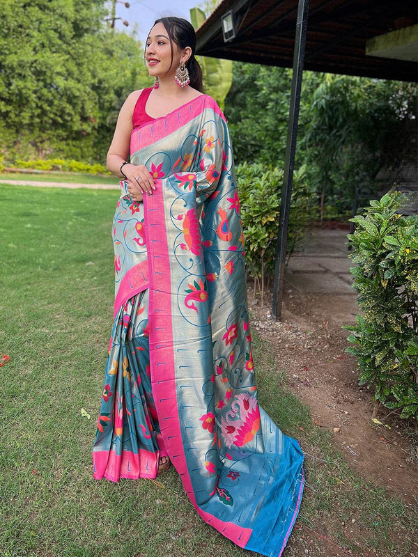 Blue Paithani Silk Saree With Blouse Piece