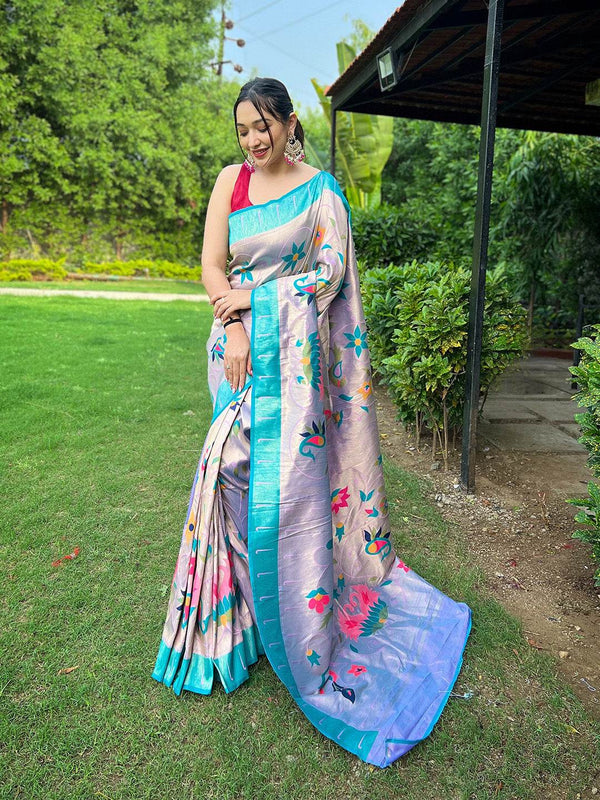 Lavender Paithani Silk Saree With Blouse Piece