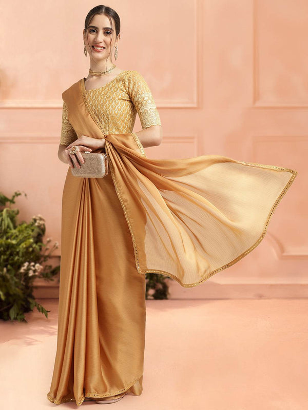 Mustard Chiffon Ready To Wear Saree With Blouse Piece