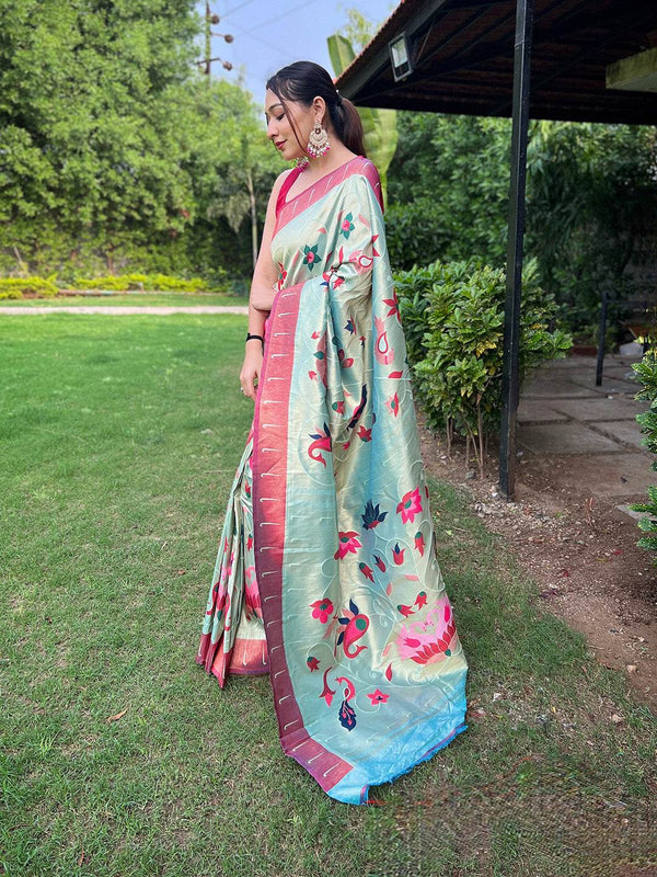Sky Blue Paithani Silk Saree With Blouse Piece