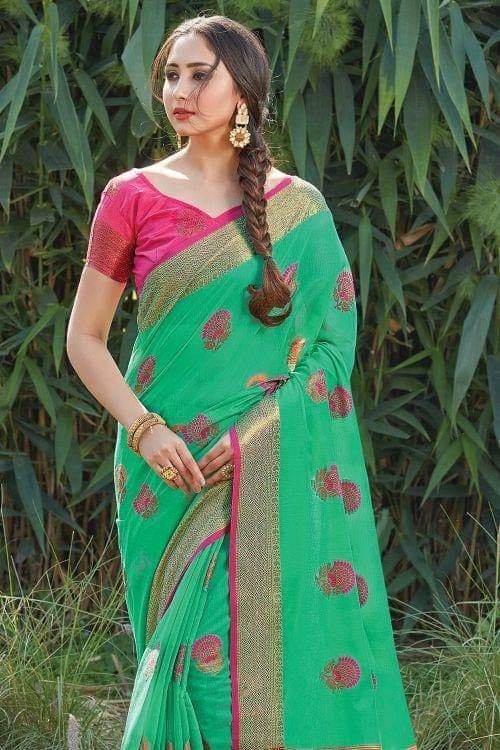 Jungle Green Floral Zari Cotton Saree