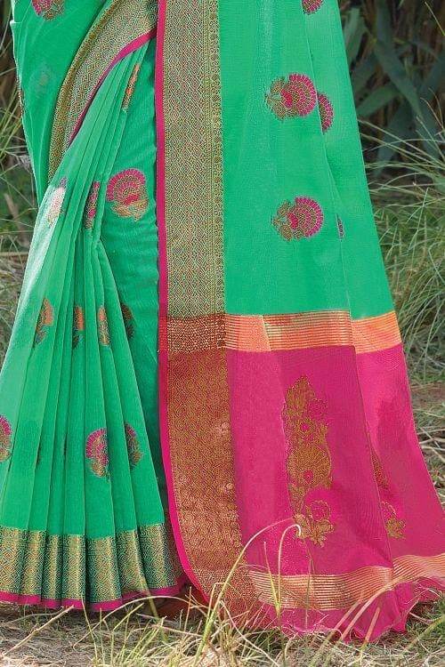 Jungle Green Floral Zari Cotton Saree