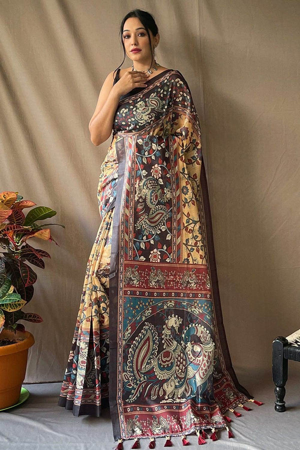 Yellow & Black Kalamkari Saree With Blouse Piece