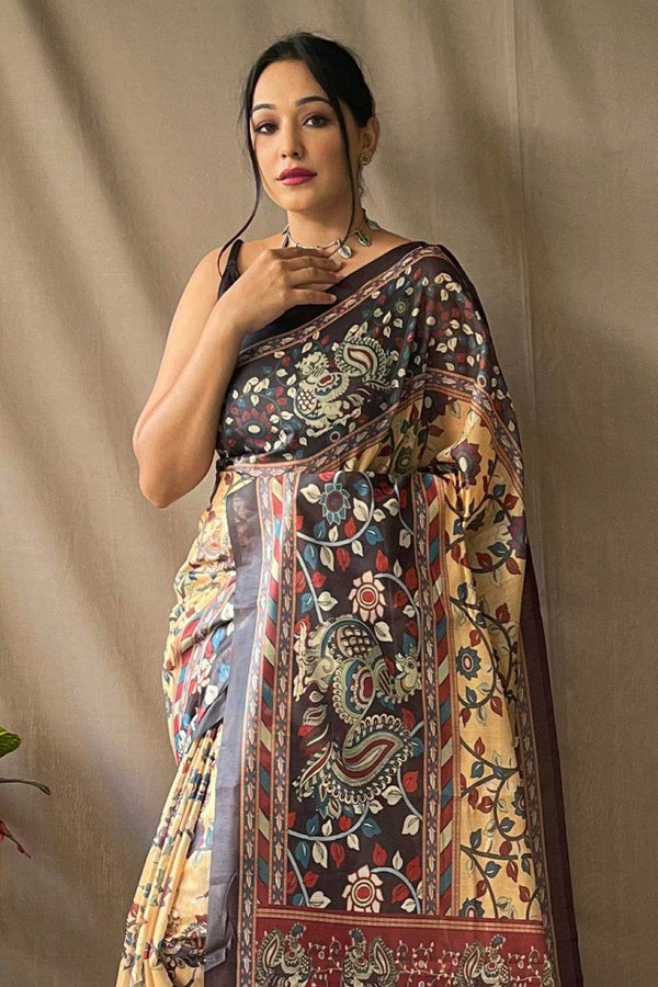 Yellow & Black Kalamkari Saree With Blouse Piece